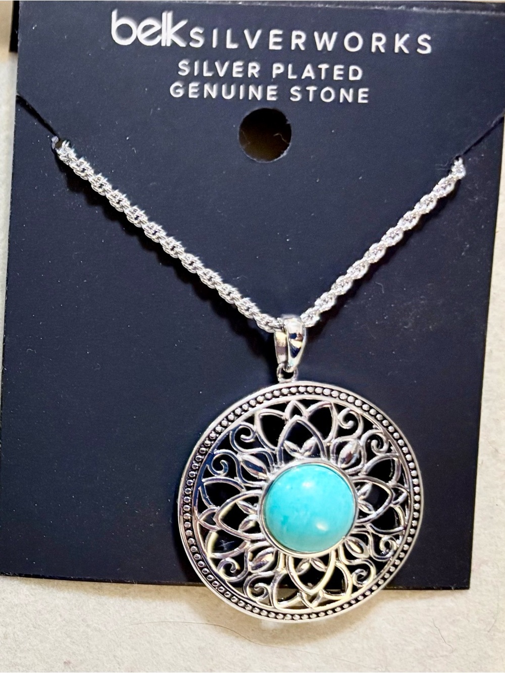 Belk, jewelry, silver plated necklace with blue stone